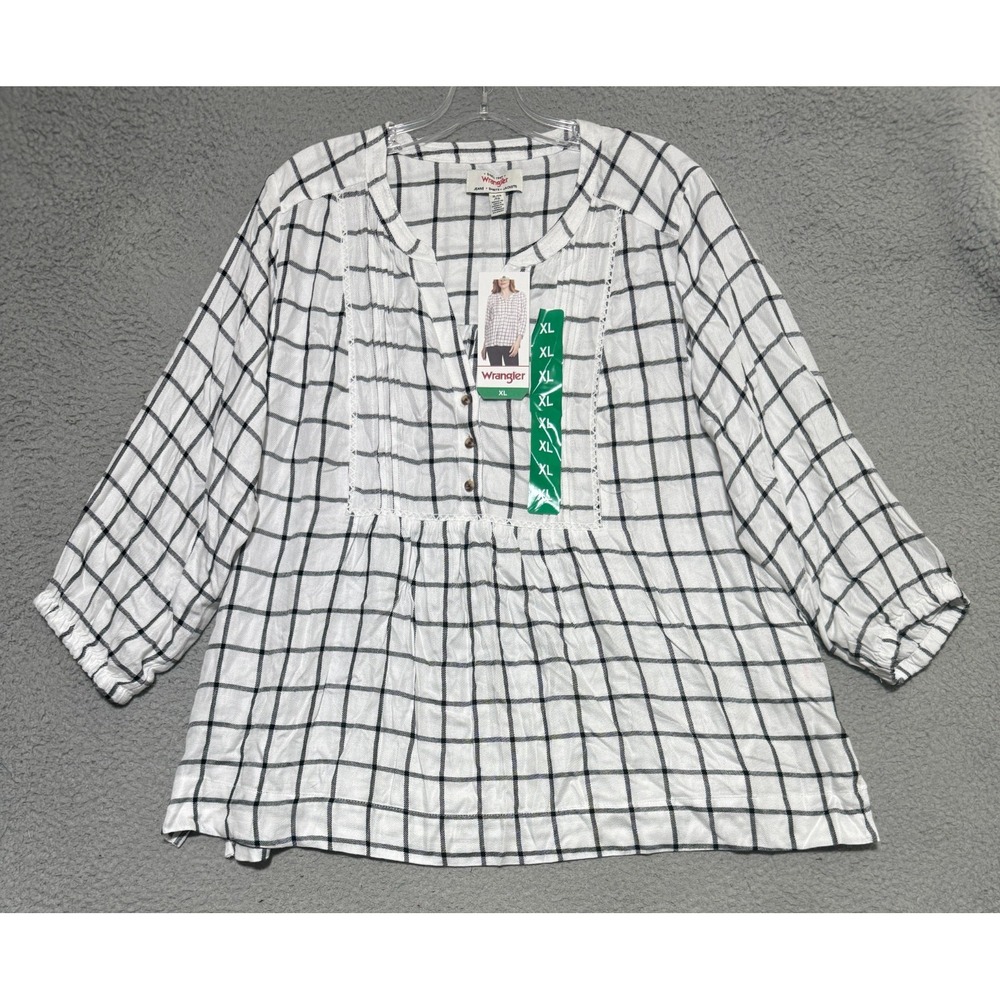 NEW Wrangler Womens White Plaid Blouse 3/4 Bracelet Sleeves Size XL